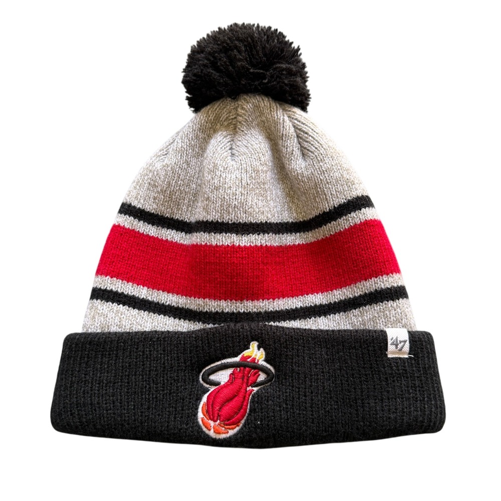 47 Brand Miami Heat NBA Hardwood Classics Striped Pom Beanie Hat Black Red Grey